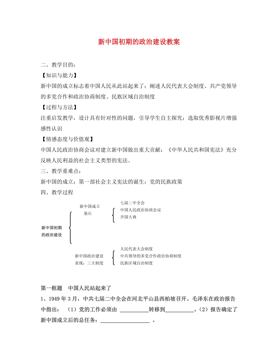新中国初期的政治建设教案 人民版 必修一_第1页