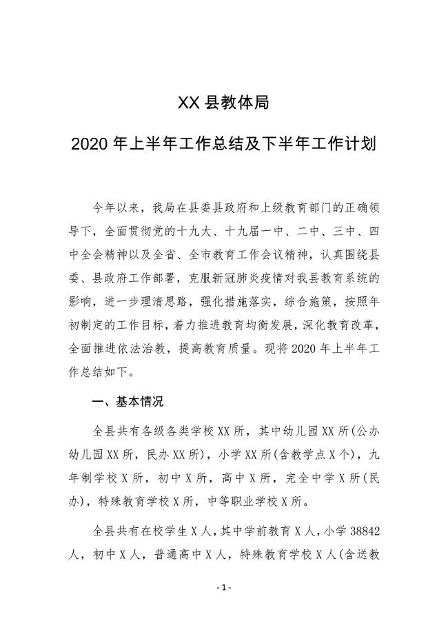 XX县教体局2020年上半年工作总结及下半年工作计划