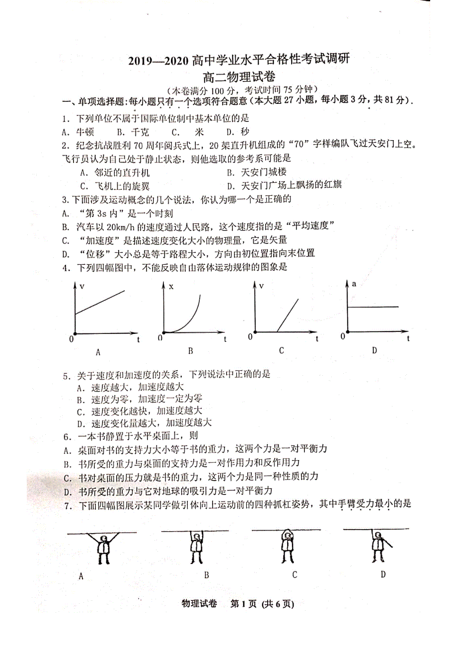 江苏徐州邳州2020高二物理学业水平调研考试PDF.pdf_第1页