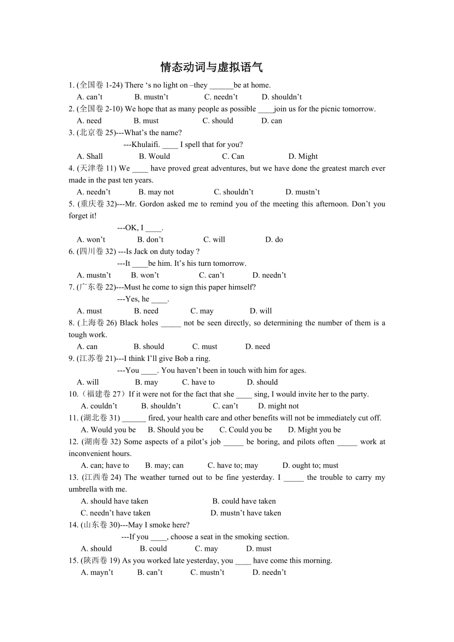 英语情态动词和虚拟语气汇集人教必修.doc_第1页