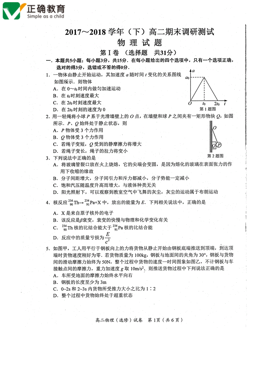 江苏南通通州区高二物理期末学业质量监测PDF.pdf_第1页