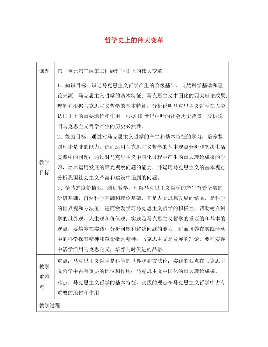 广东省廉江市实验学校高中政治 3.2 哲学史上的伟大变革教案（必修4）（通用）_第1页