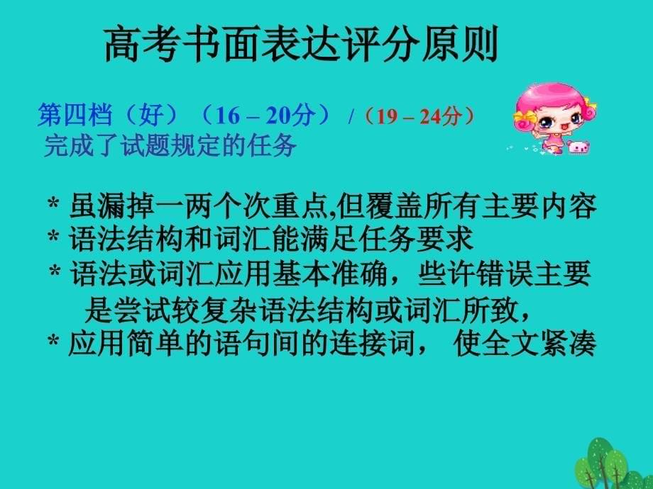 高考英语一轮复习高考写作6大增分锦囊与6类背诵宝典6大增分锦囊1.名师解读高考作文评分标准.ppt_第5页