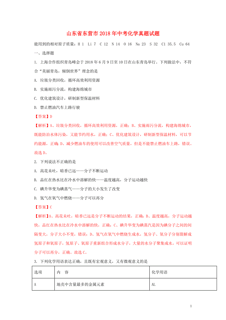 【化学】2018年山东省东营市中考真题_第1页