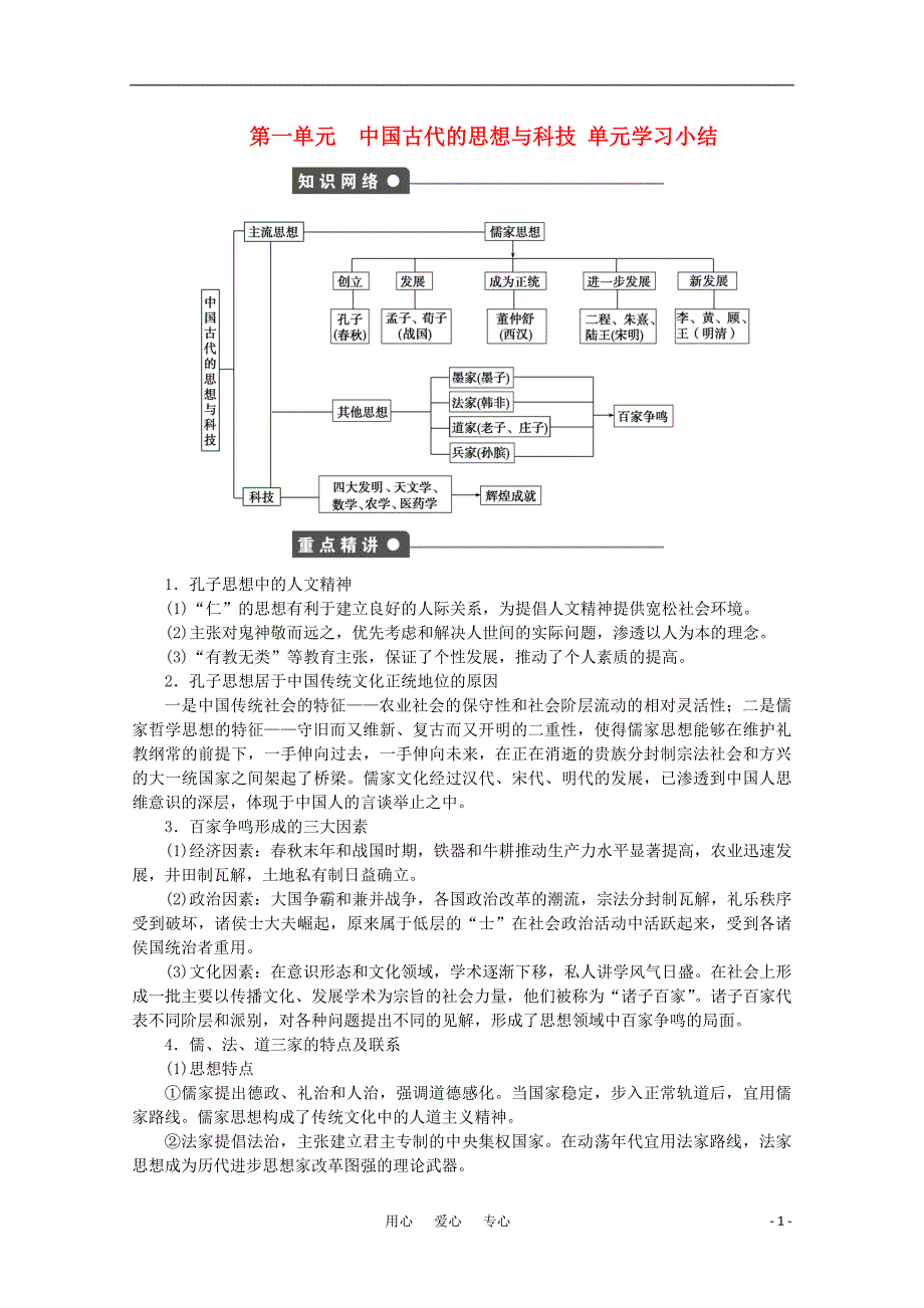 高中历史 第1单元中国古代的思想与科技 单元学习小结同步教学案 岳麓必修3.doc_第1页