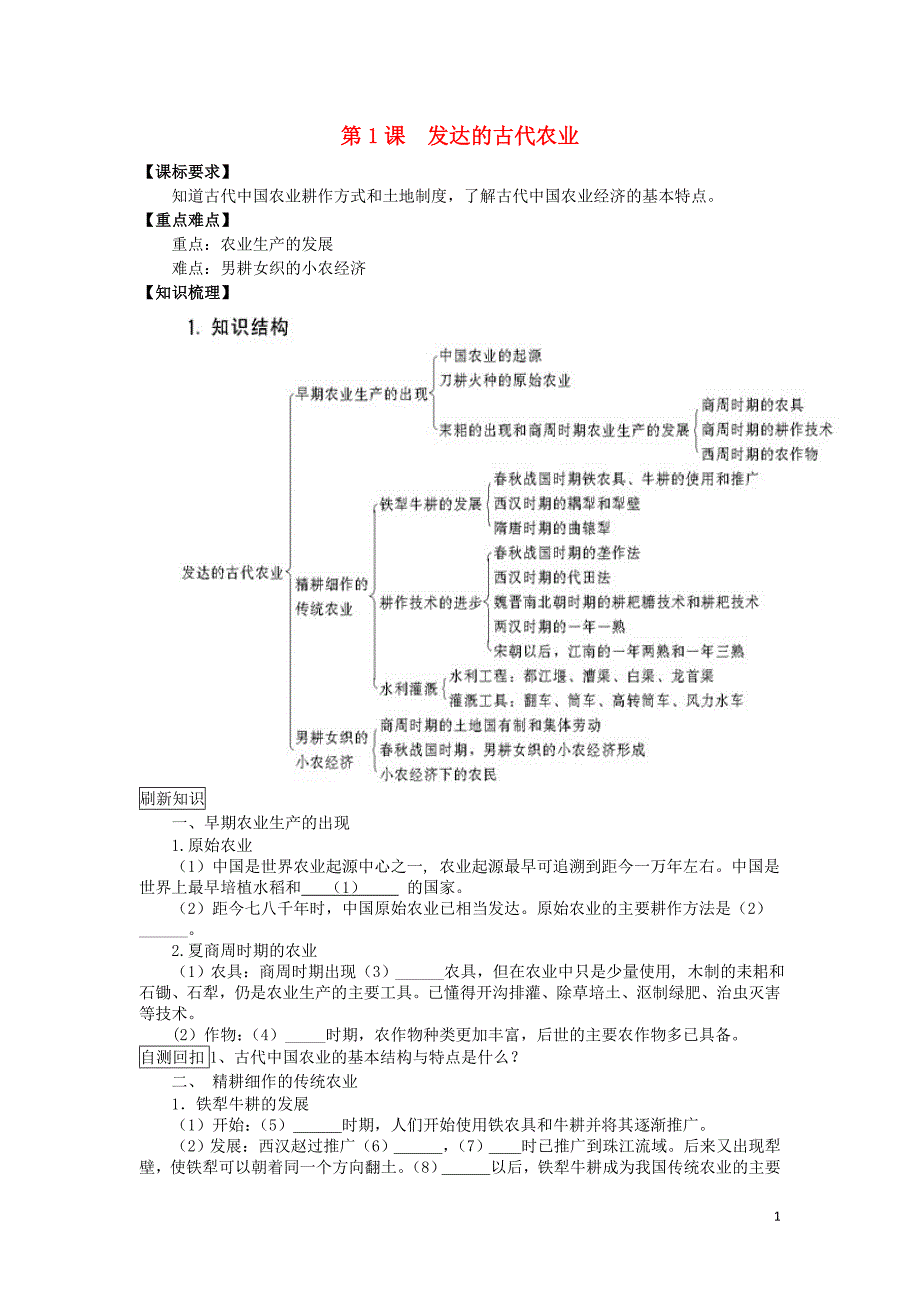 高中历史第一单元古代中国经济的基本结构与特点第1课发达的古代农业学案3必修2.doc_第1页