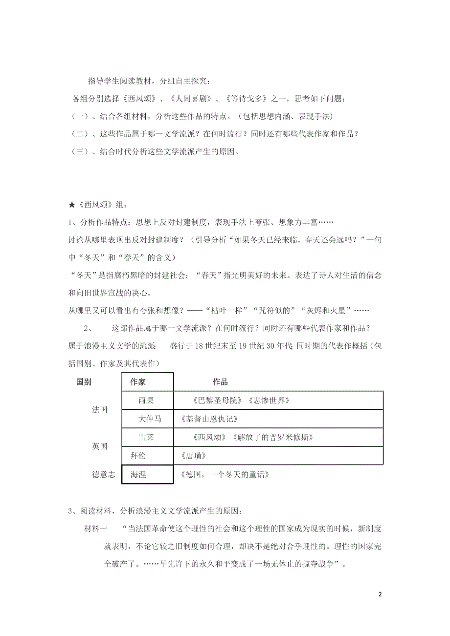 高中历史第8单元19世纪以来的世界文学艺术第22课文学的繁荣教案2必修3 1.doc_第2页