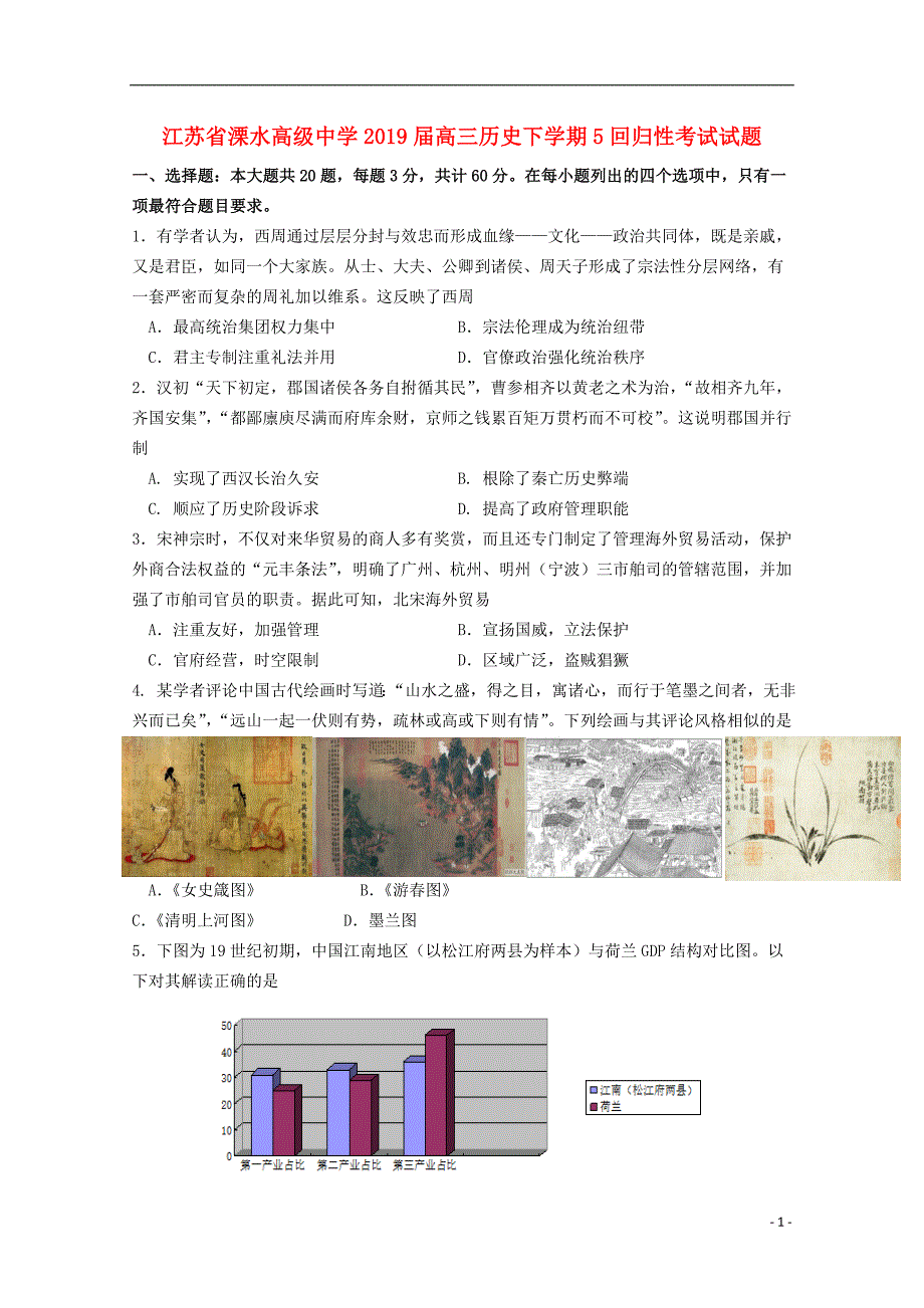 江苏溧水高级中学高三历史5回归性考试 1.doc_第1页