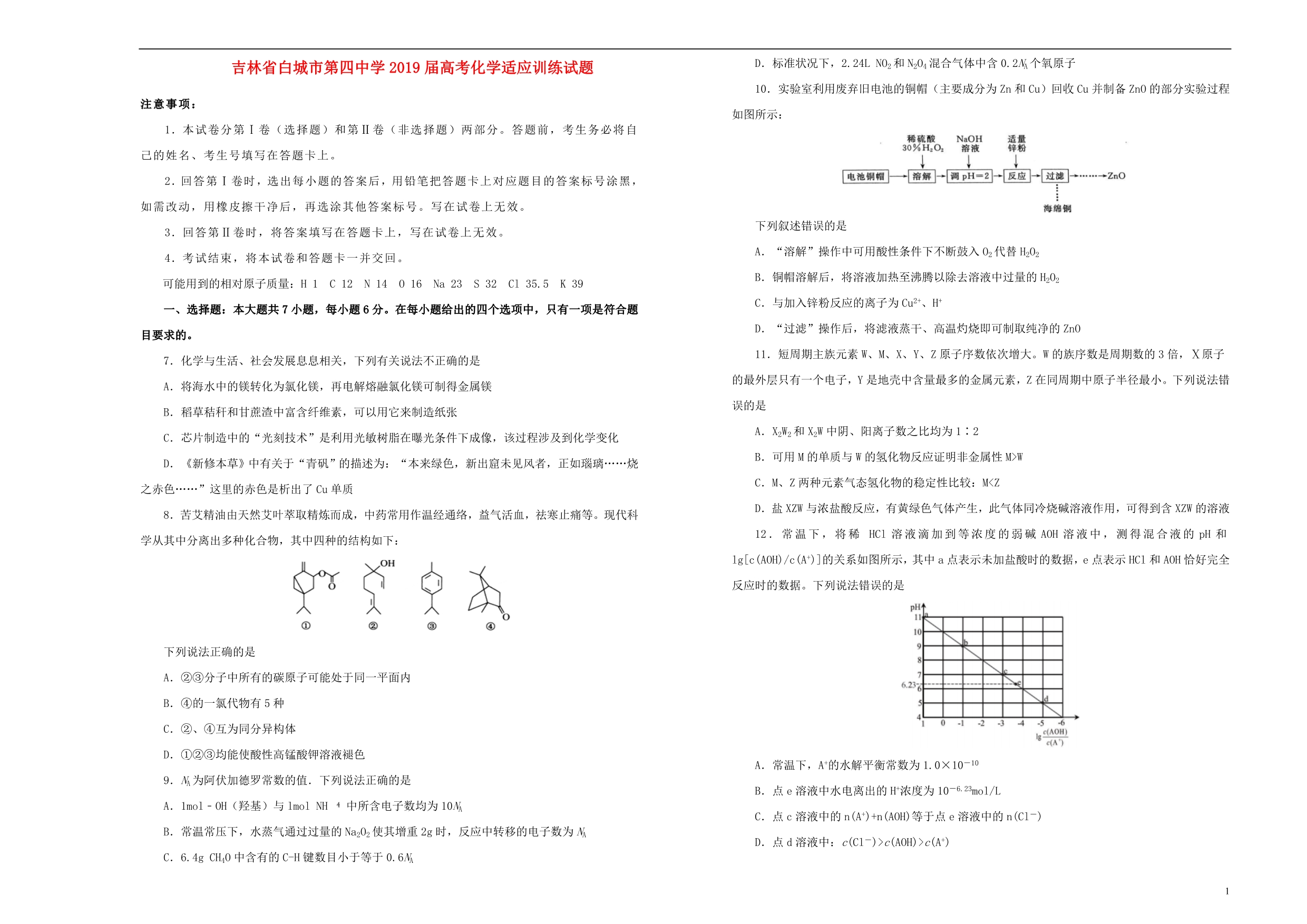 吉林白城第四中学高考化学适应训练.doc_第1页