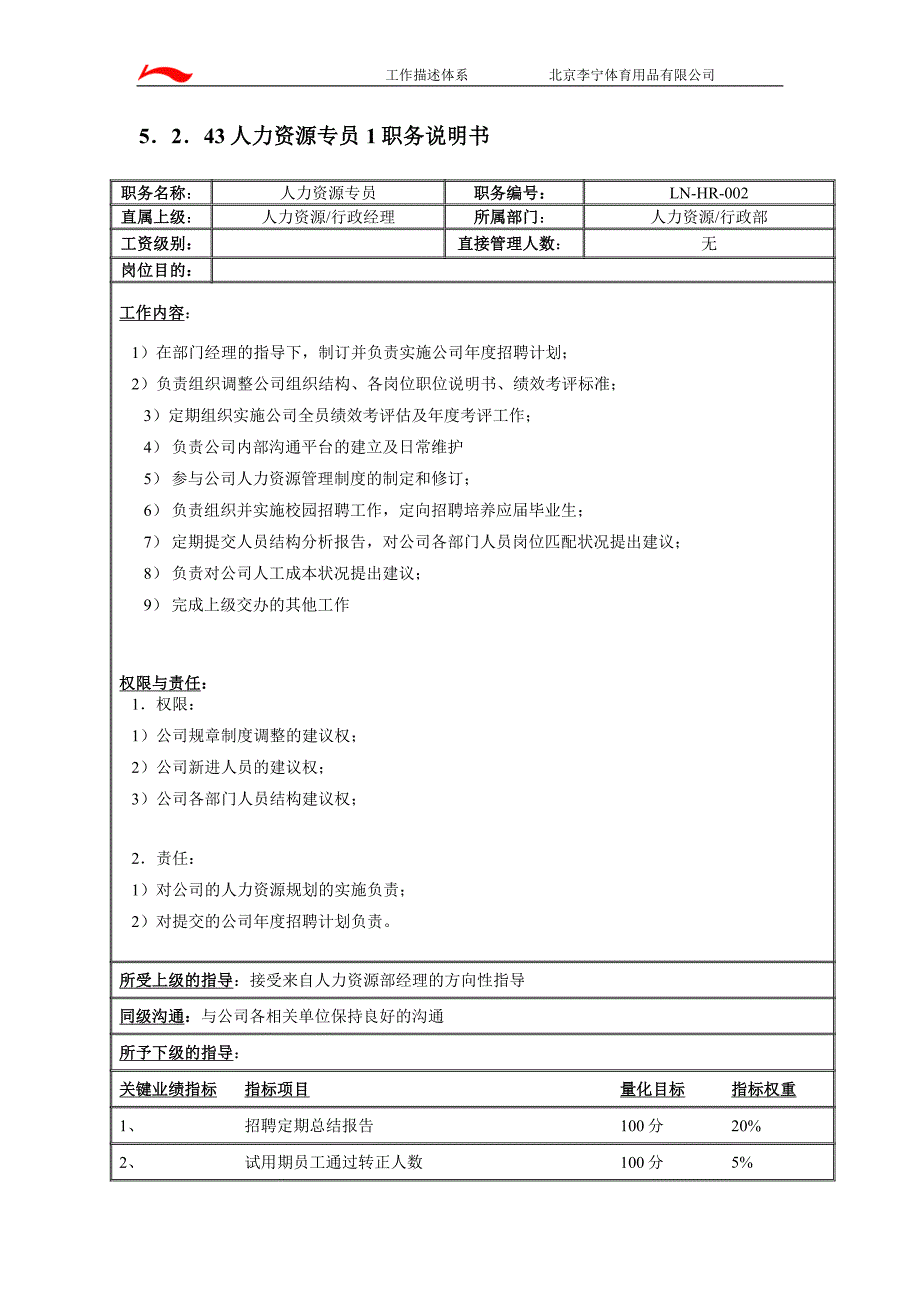 服装企业--人力资源部职务说明书_第3页