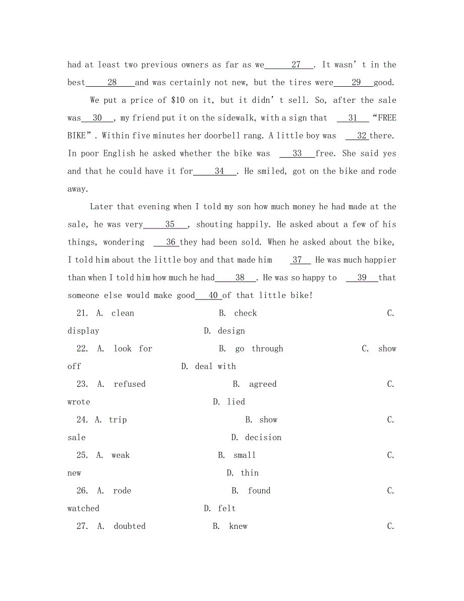 江苏省苏州市张家港高级中学2020学年高一英语上学期期中试题（无答案）_第4页