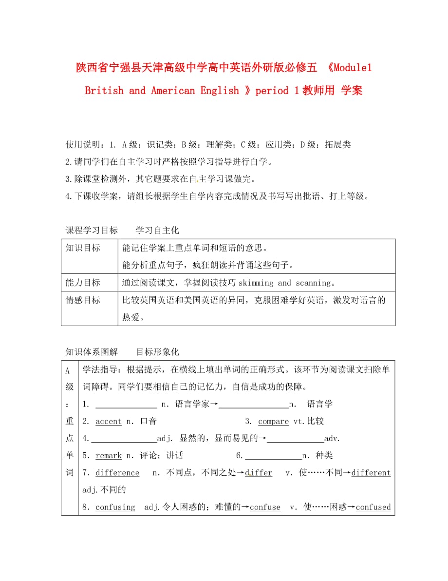 陕西省宁强县天津高级中学高中英语《Module1 British and American English 》period 1学案（教师版）外研版必修5_第1页