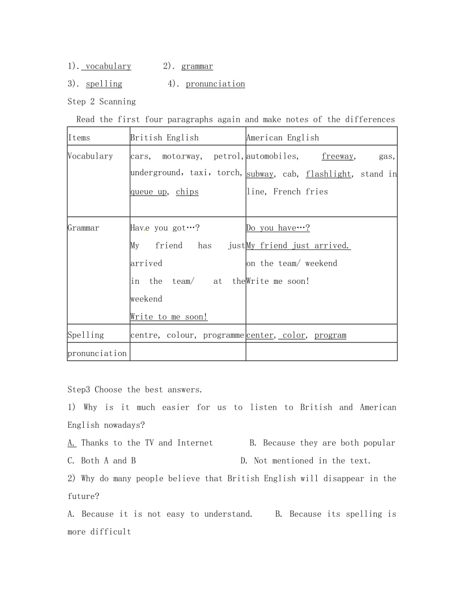 陕西省宁强县天津高级中学高中英语《Module1 British and American English 》period 1学案（教师版）外研版必修5_第3页