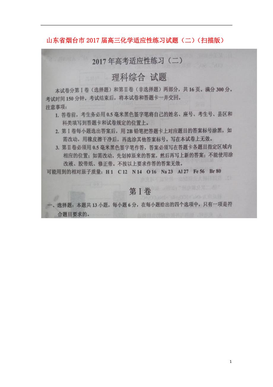 山东烟台高三化学适应性练习二.doc_第1页