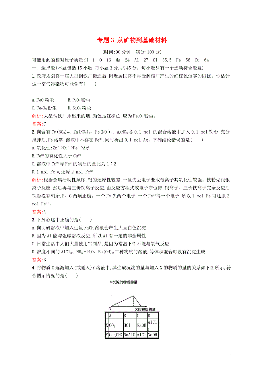 高中化学3从矿物到基础材料测评苏教必修1.doc_第1页