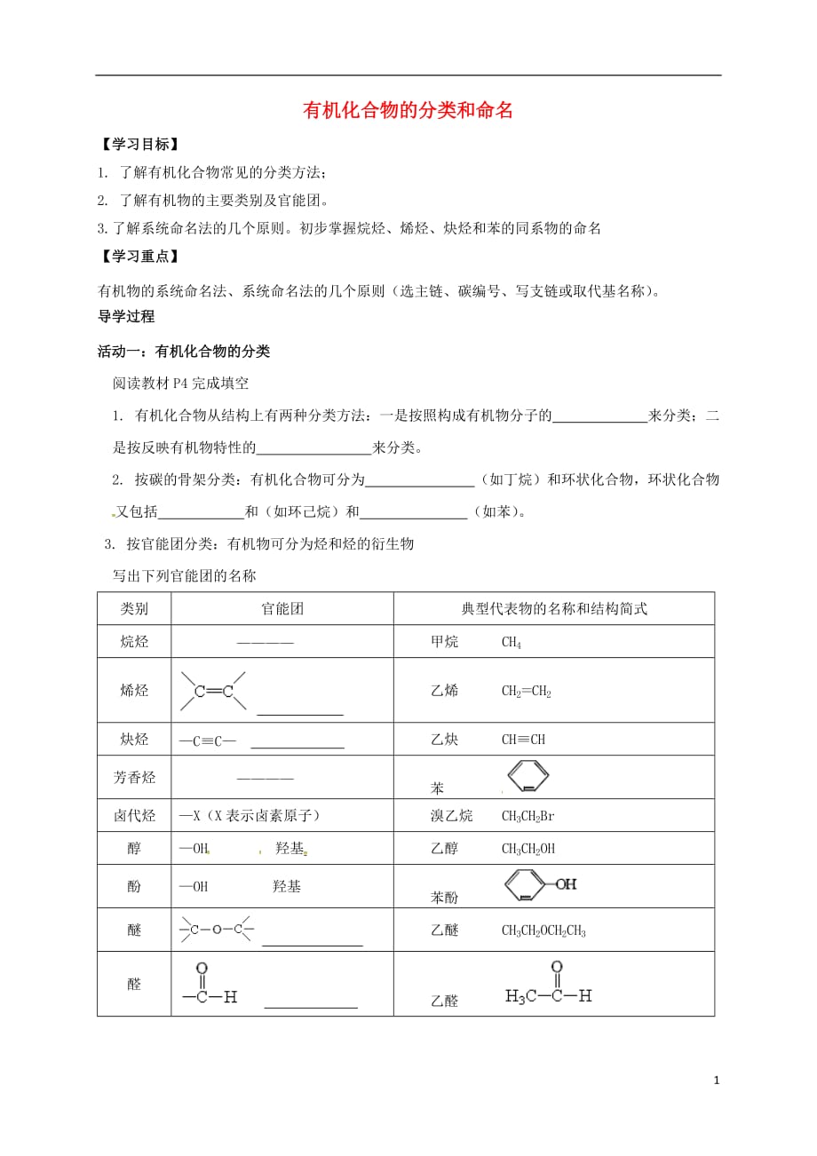 江苏海门高中化学第一章认识有机化合物1.3有机化合物的分类和命名导学案选修5.doc_第1页