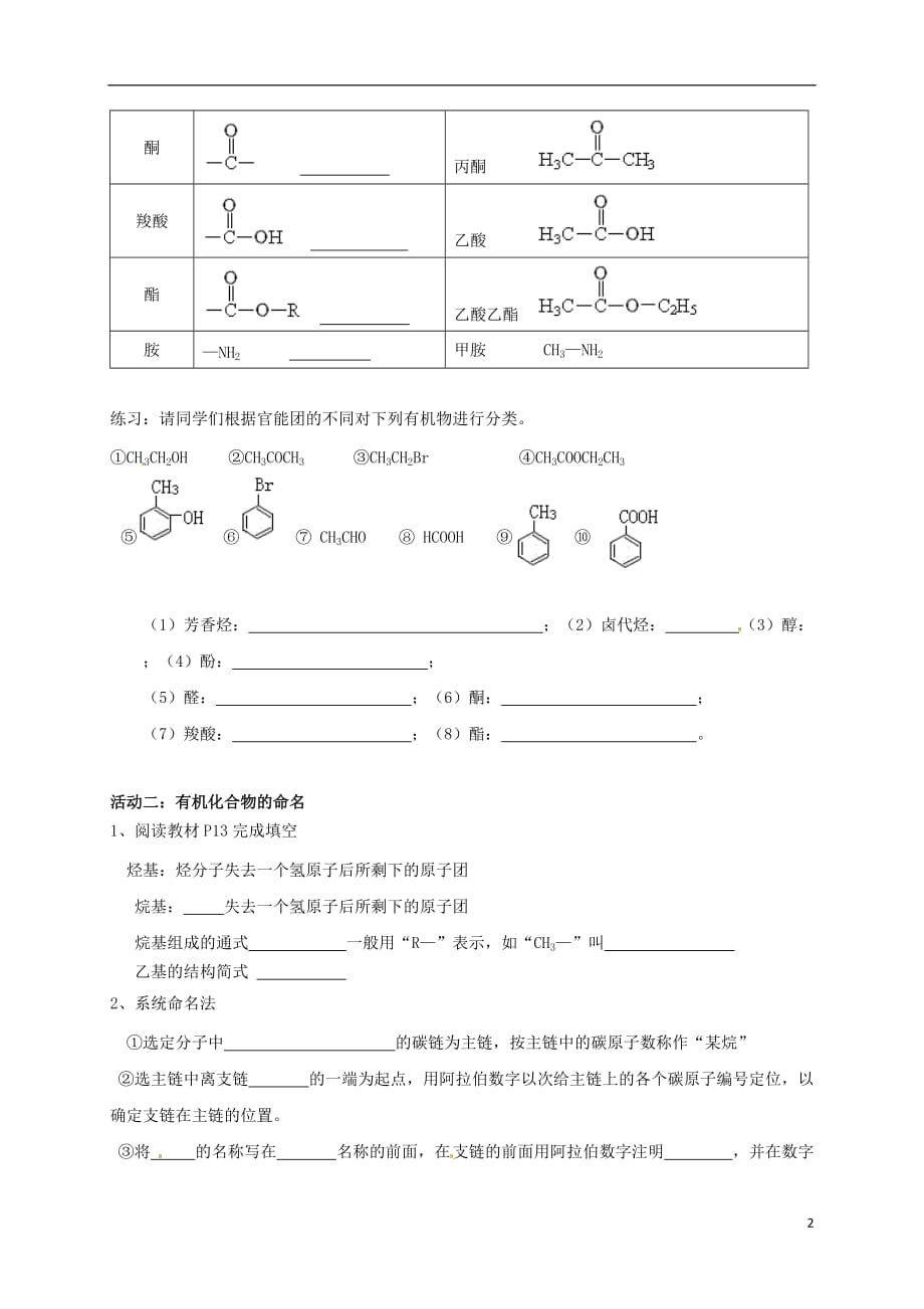 江苏海门高中化学第一章认识有机化合物1.3有机化合物的分类和命名导学案选修5.doc_第2页