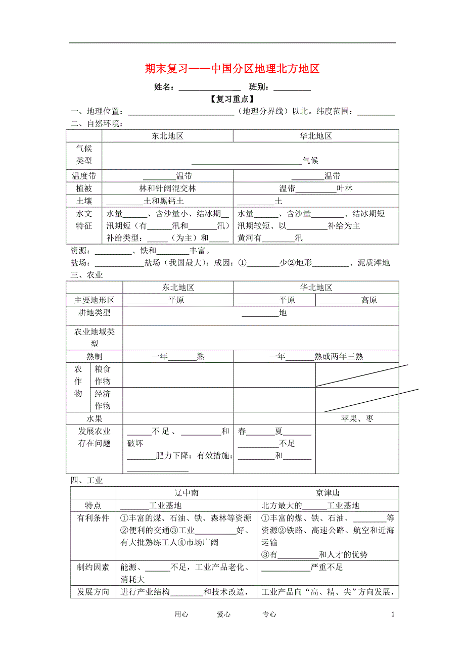 广东东莞石龙中学高中地理期末复习中国地理分区 北方地区 必修3.doc_第1页