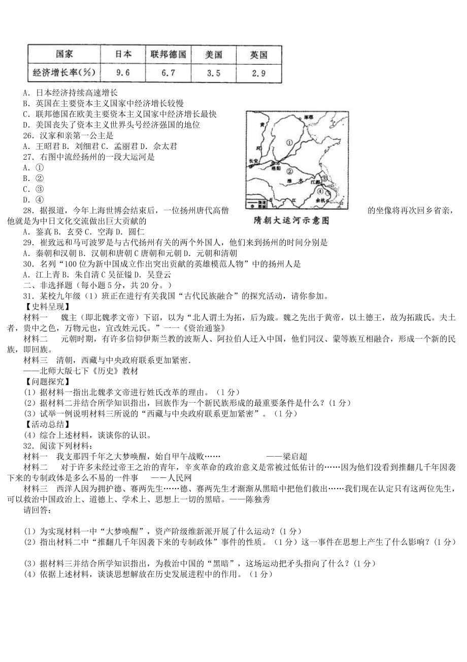 扬州市2010年初中毕业、升学统一考试历史试题_第3页