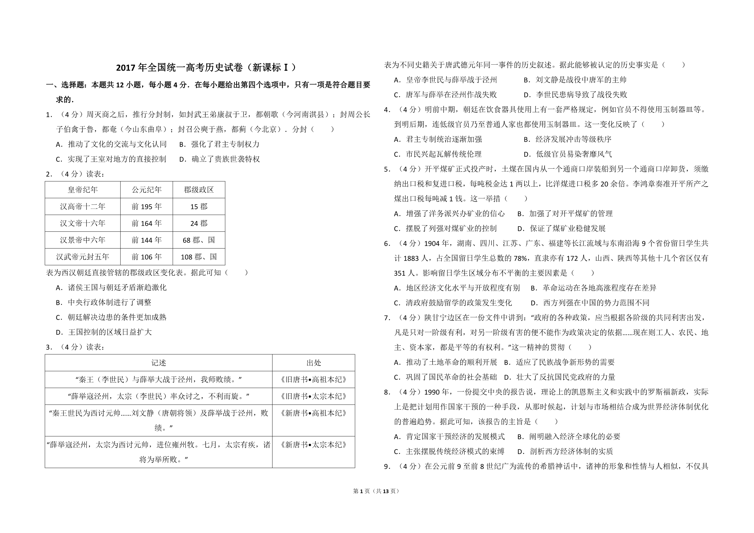 2017年全国统一高考历史试卷（新课标ⅰ）（含解析版）_第1页