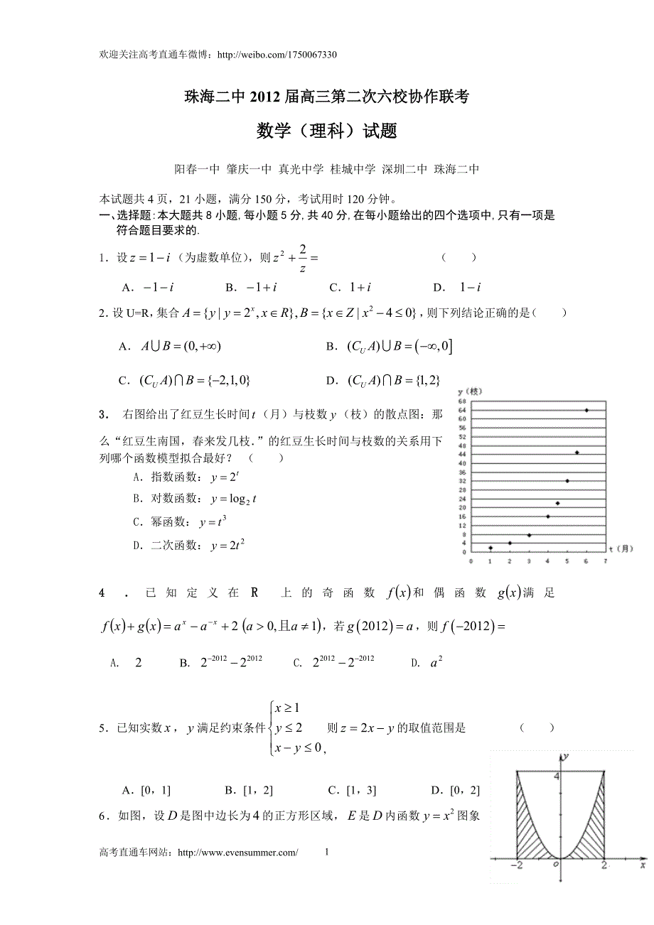 广东省真光中学等六校协作体2012届高三第二次联考(数学理科)_第1页