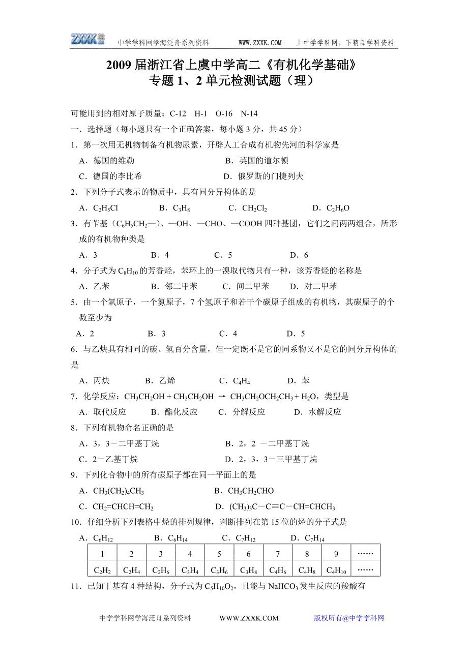 浙江上虞中学高二有机化学基础1、2单元检测理苏教选修5.doc_第1页