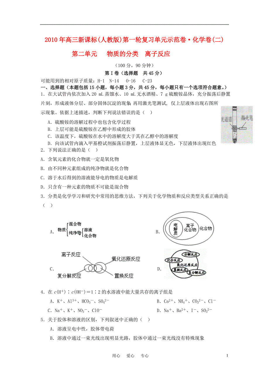 高考化学 第二单元 物质的分类 离子反应单元测 .doc_第1页