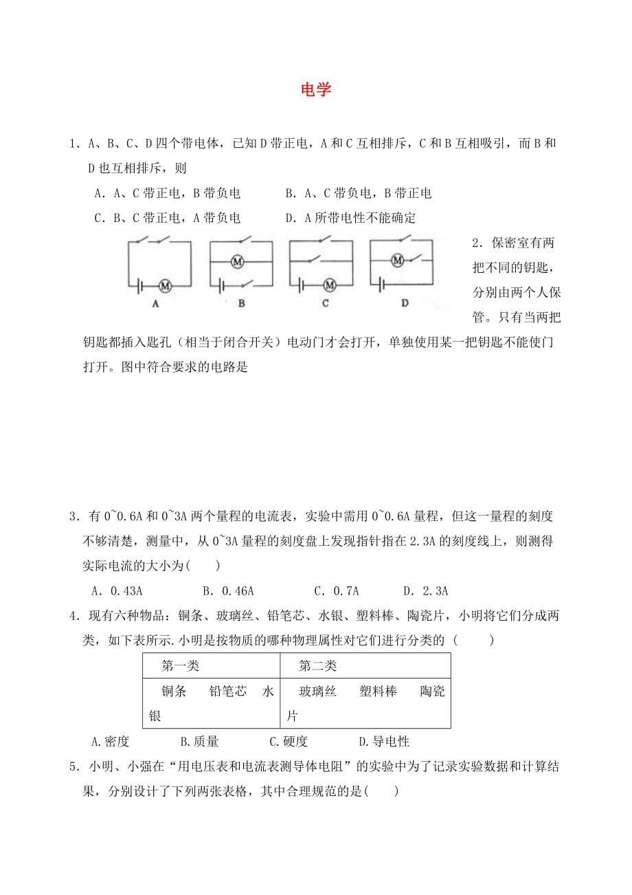 2020中考物理《电学》专项复习题（无答案）_第1页