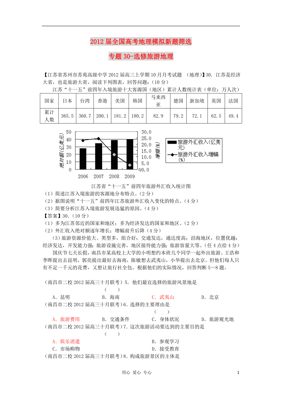 全国高考地理模拟新题筛选汇编30 选修旅游地理.doc_第1页