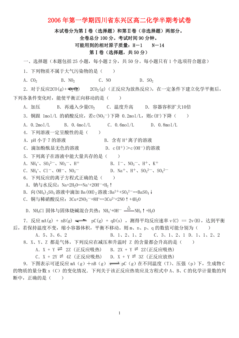 第一学期四川东兴区高二化学半期考 .doc_第1页