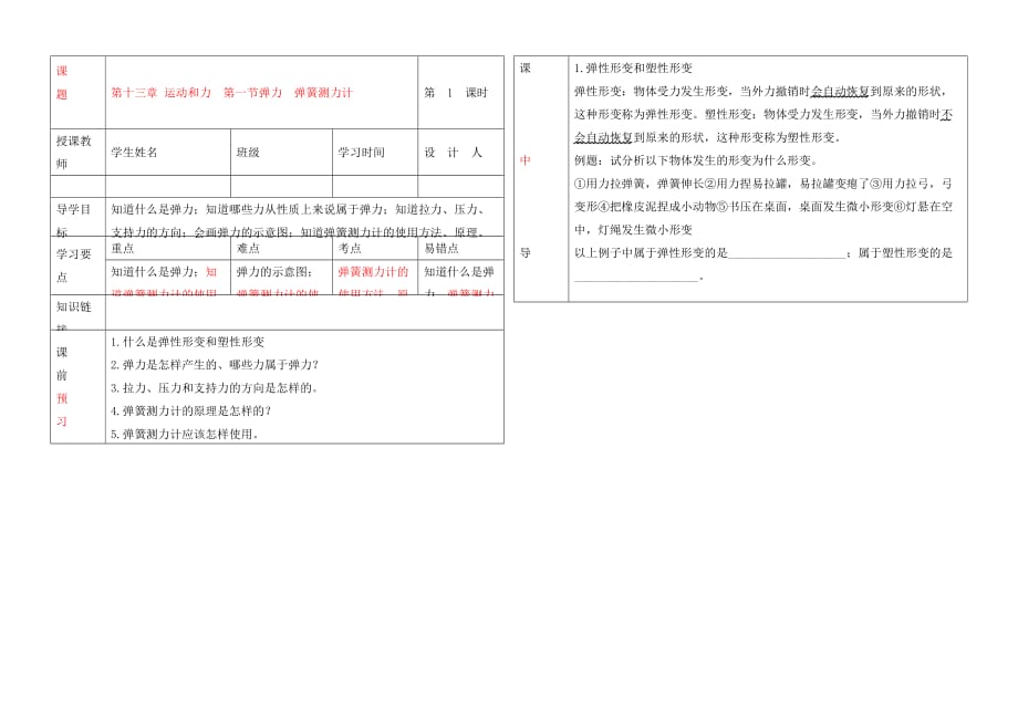 湖北省武汉市陆家街中学九年级物理 第十三章 运动和力 第一节 弹力弹力、弹簧测力计导学案（无答案）_第1页