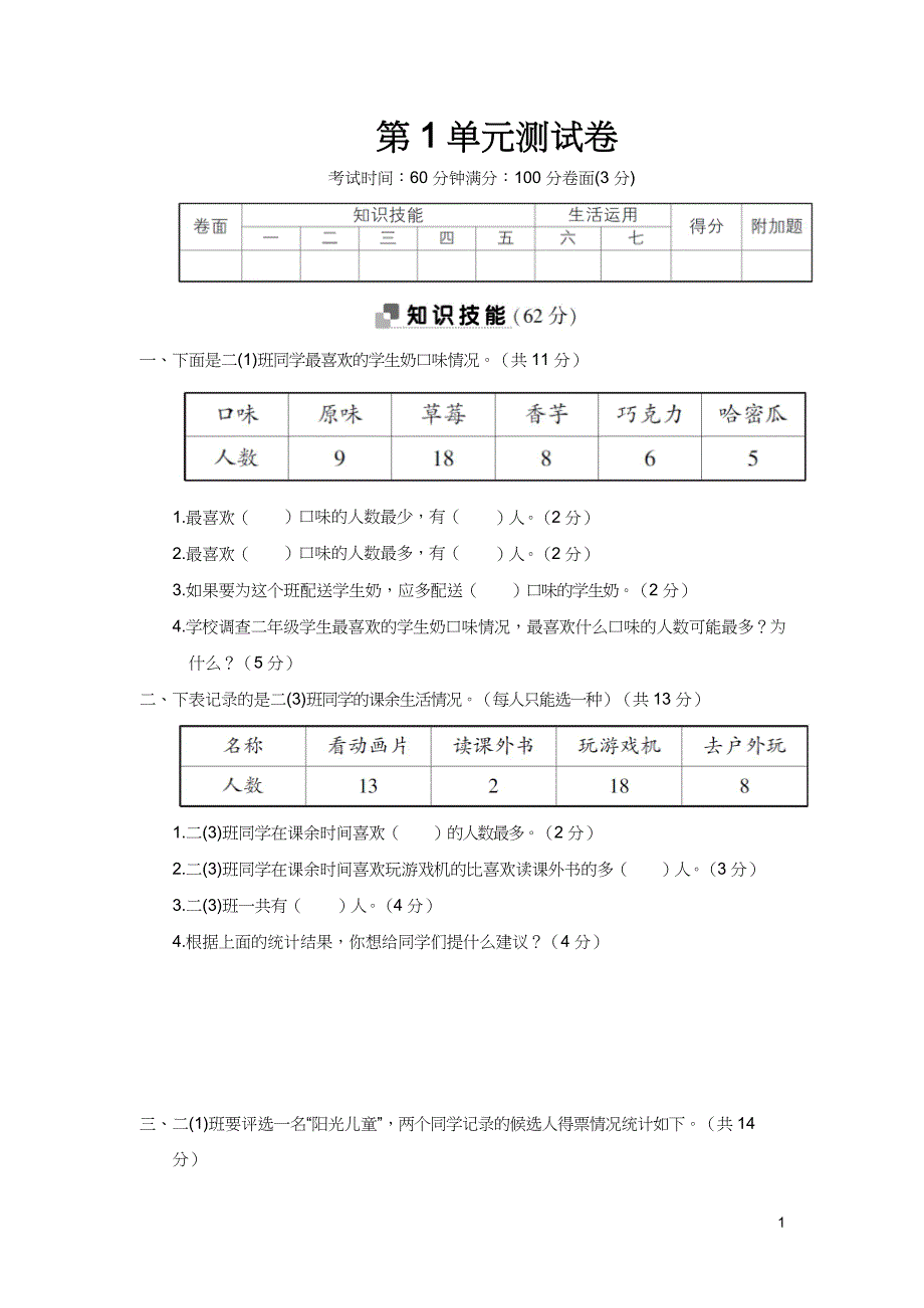 二年级数学下册单元测试卷全含期中期末（人教答案版）_第1页