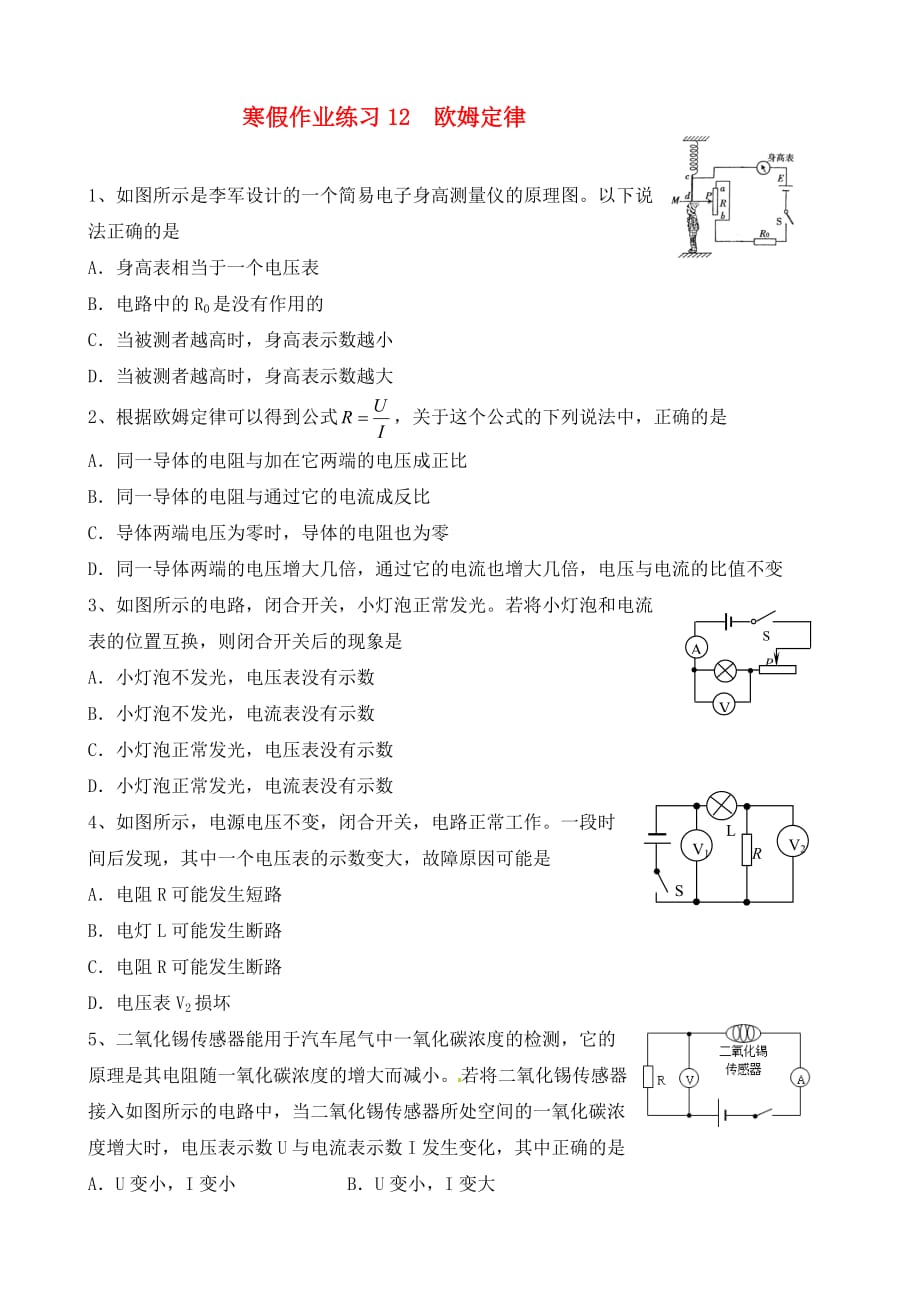 江苏省南京三中2020届九年级物理寒假作业试题（12） 新人教版_第1页