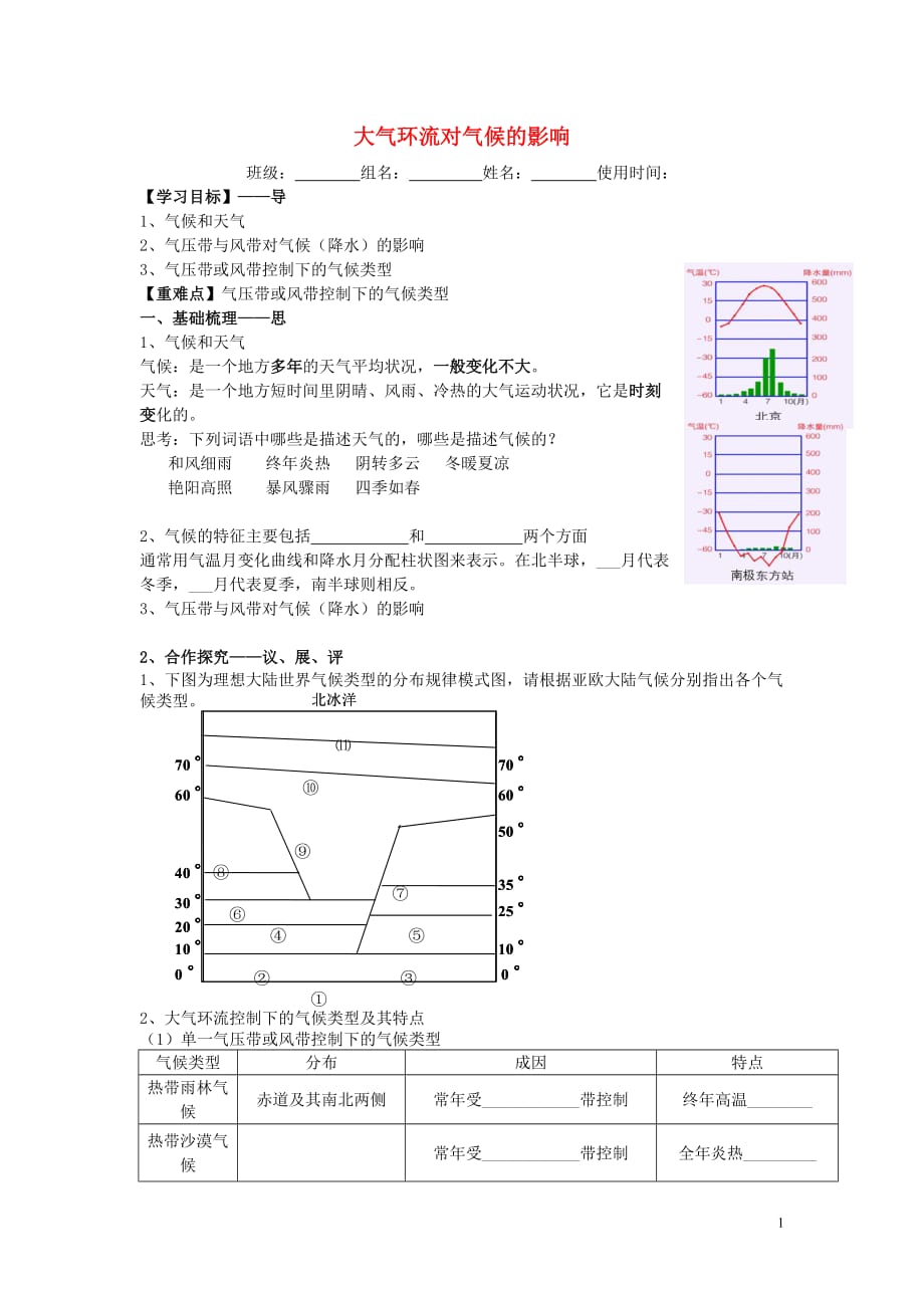 江西吉安第三中学高中地理第二章自然地理环境中的物质运动和能量交换2.1大气环流对气候的影响导学提纲中图必修1.doc_第1页