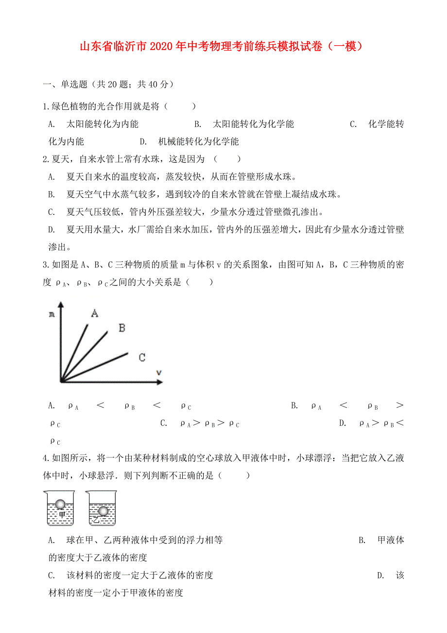 山东省临沂市2020年中考物理考前练兵模拟试卷（一模）_第1页