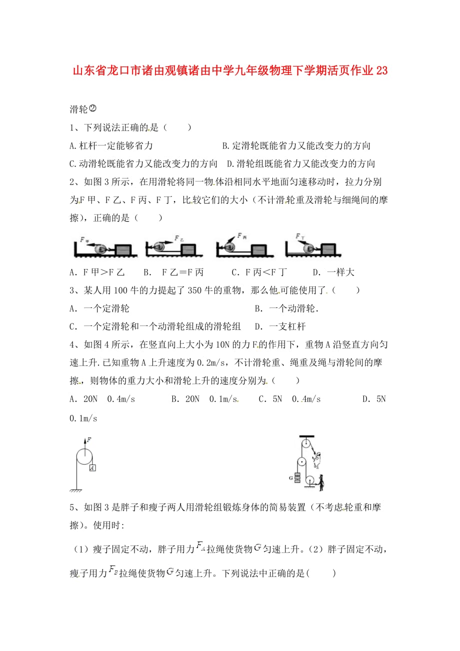 山东省龙口市诸由观镇诸由中学九年级物理下学期活页作业23（无答案） 鲁教版五四制_第1页