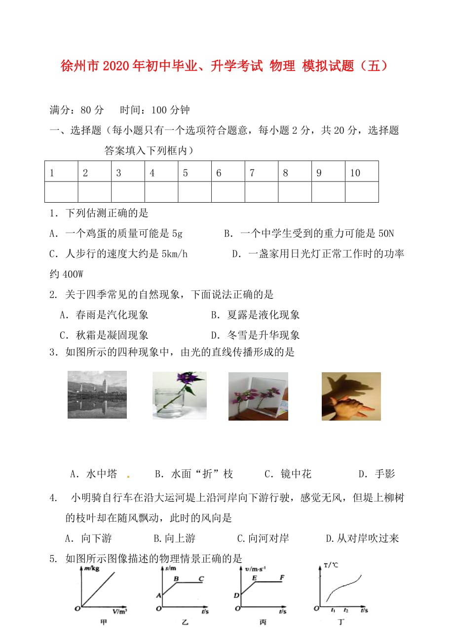 江苏省徐州市2020年初中物理毕业升学模拟考试试题（五）_第1页