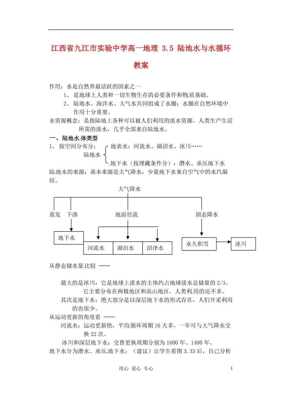 江西九江实验中学高一地理 3.5 陆地水与水循环教案.doc_第1页