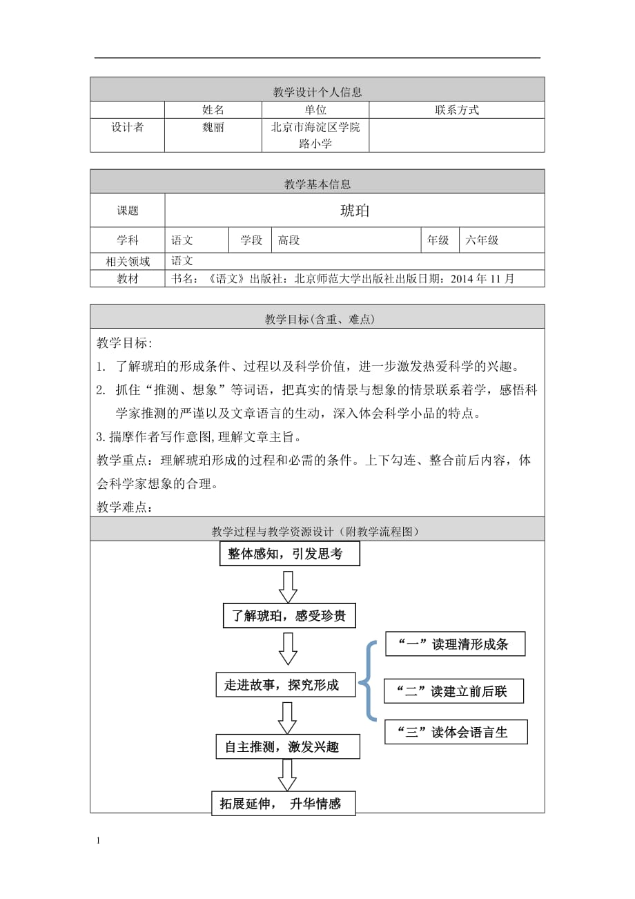 魏丽《琥珀》教学设计教学材料_第1页