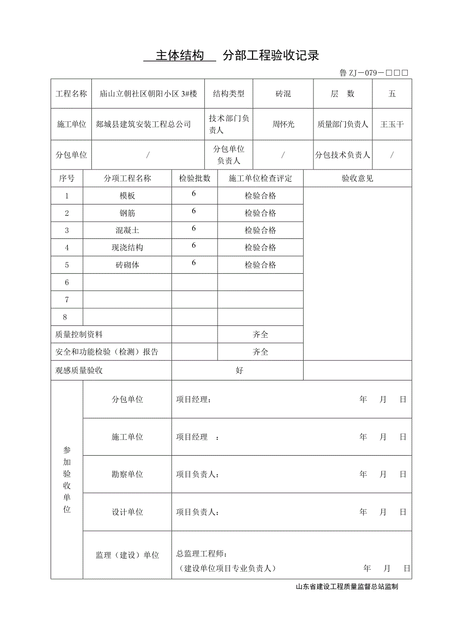 （建筑工程管理）鲁JJ分部工程验收记录_第1页