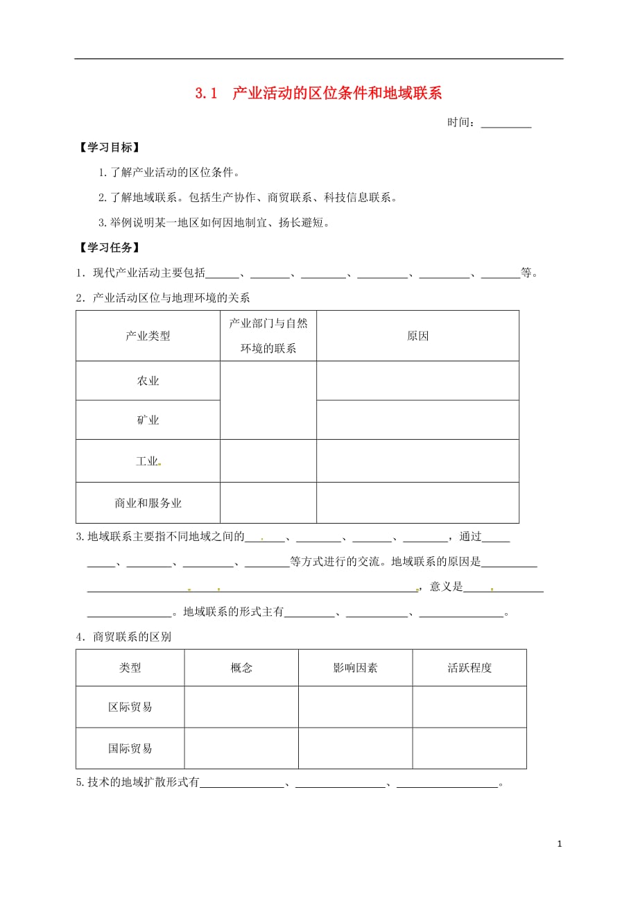 山西阳高高中地理第三章区域产业活动3.1产业活动的区位条件和地域联系导学案湘教必修2 1.doc_第1页