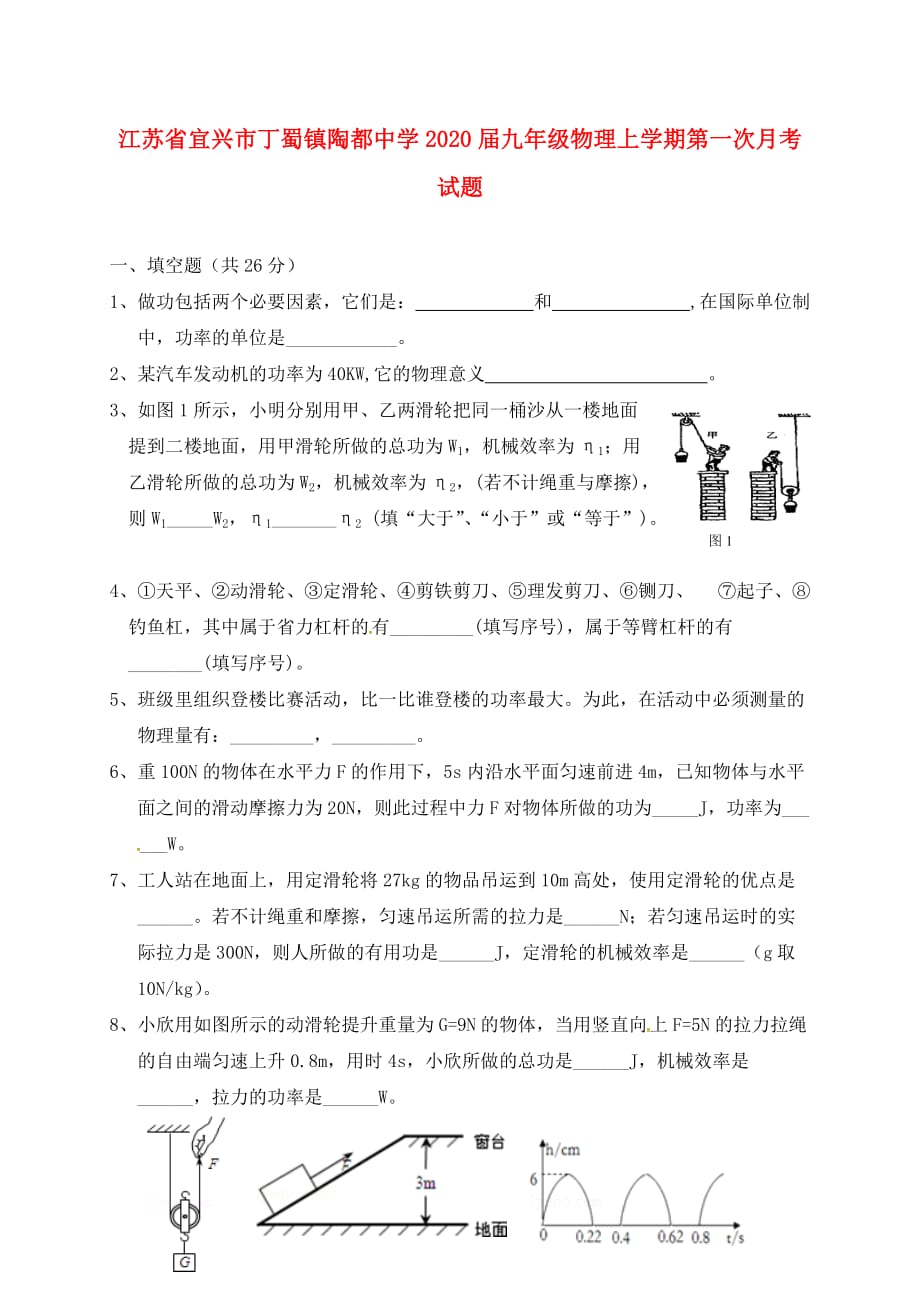 江苏省宜兴市丁蜀镇陶都中学2020届九年级物理上学期第一次月考试题（无答案） 苏科版_第1页