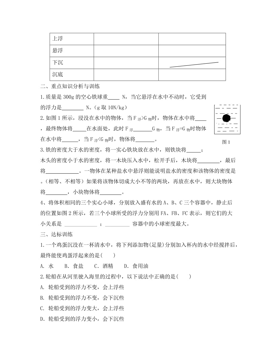 2020春八年级物理全册 第9章 浮力 第3节 物体的沉与浮学案（无答案）（新版）沪科版_第2页