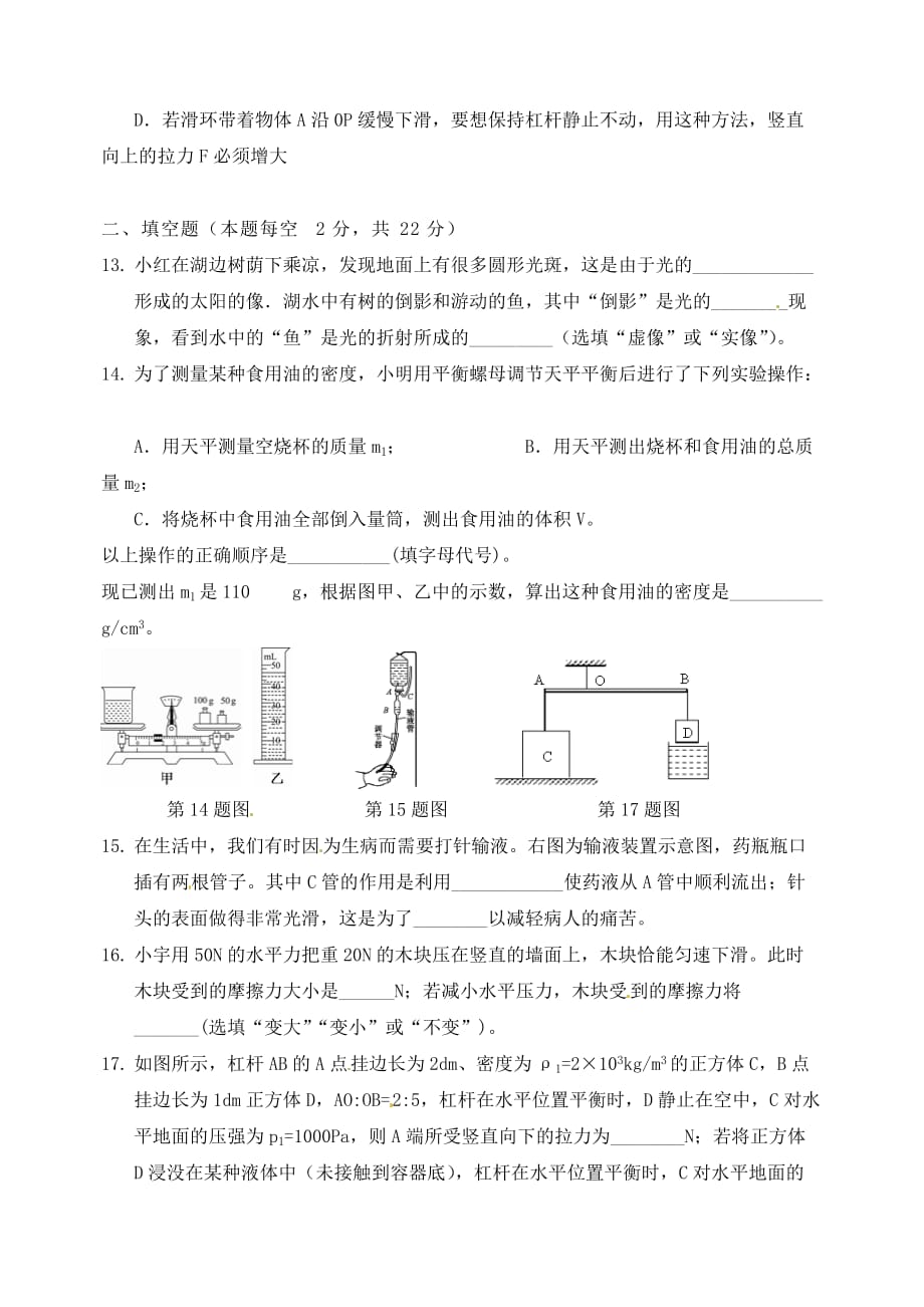 博才实验中学2020届九年级物理上学期入学考试试题（无答案） 新人教版_第4页