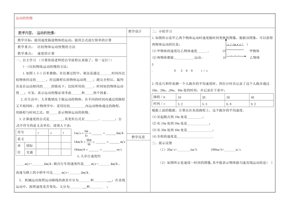 山西省灵石县教育科技局教研室九年级物理全册 运动的快慢学案（无答案）（新版）新人教版_第1页