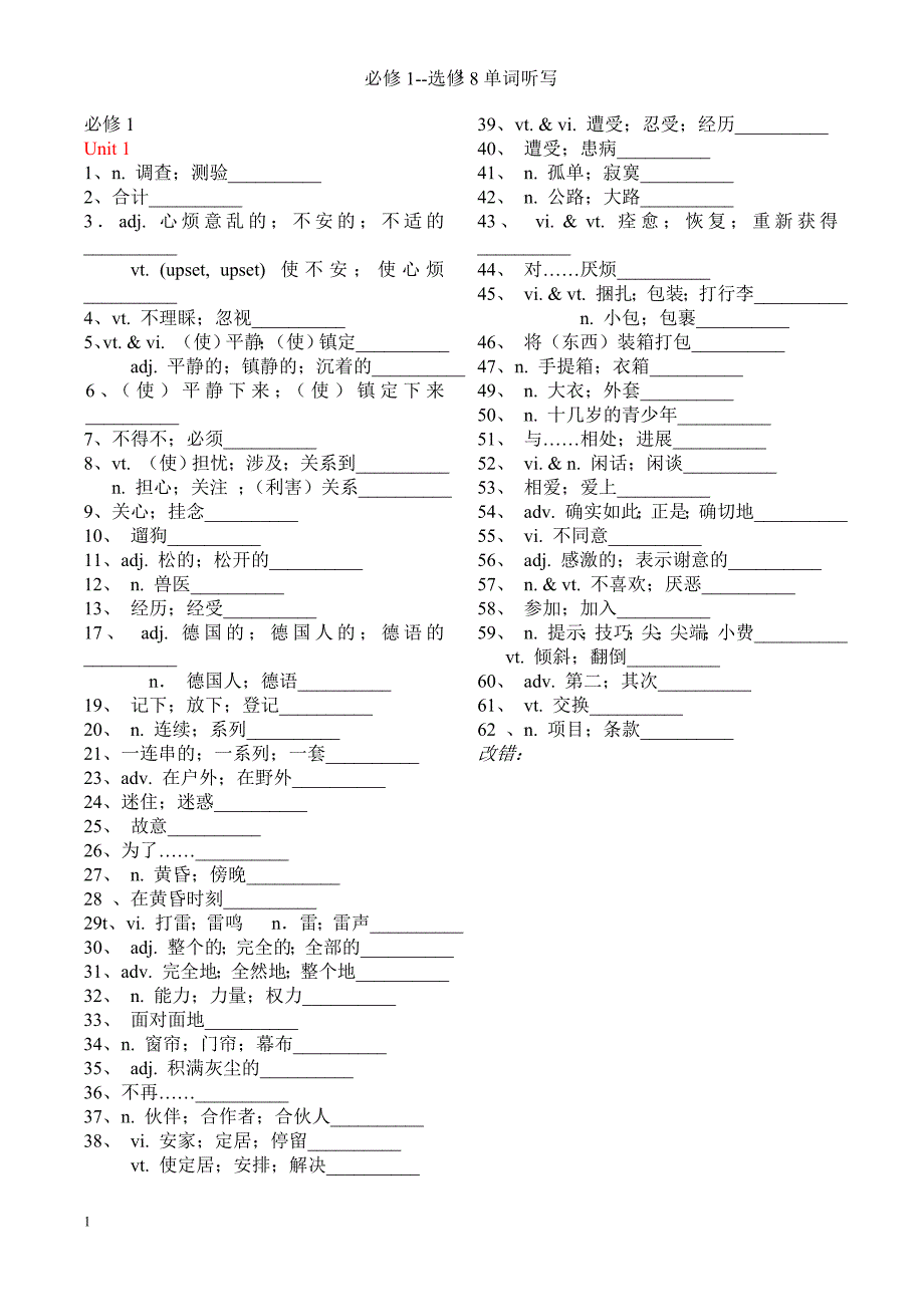 新课标人教版高中英语必修1--选修8单词默写汉语教学讲义_第1页