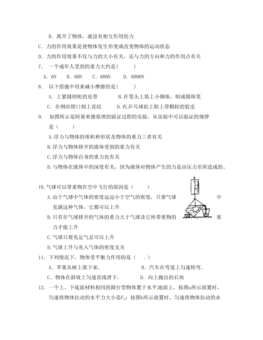 江苏省大丰市刘庄镇三圩初级中学八年级物理下学期期末模拟测试卷3（无答案） 苏科版_第2页