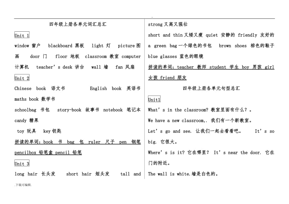 2017年最新pep小学英语四年级知识点总结_期末总复习_第1页