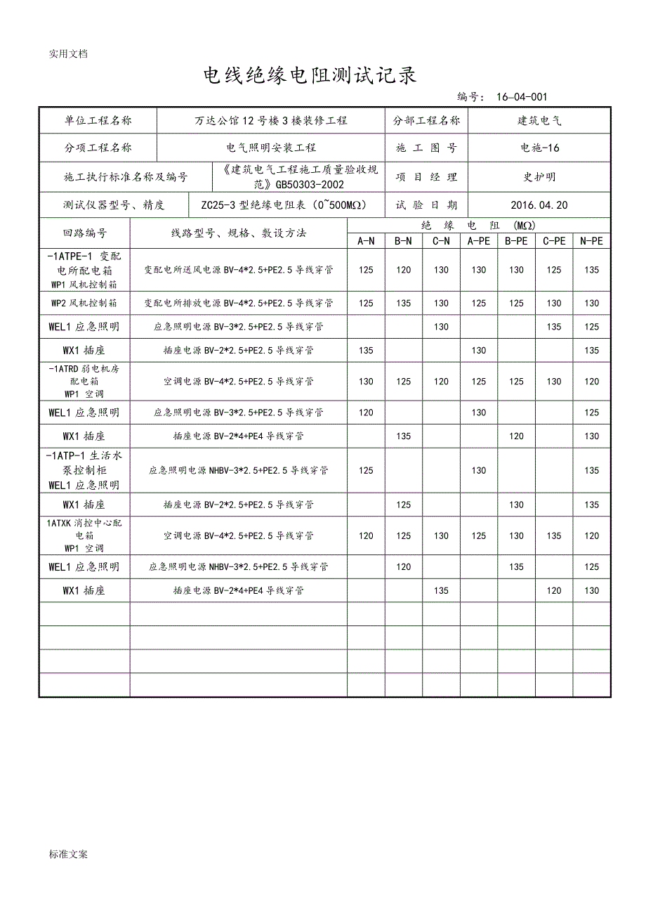 万达公馆12号楼3楼装修工程电线绝缘电阻测试记录簿_第1页