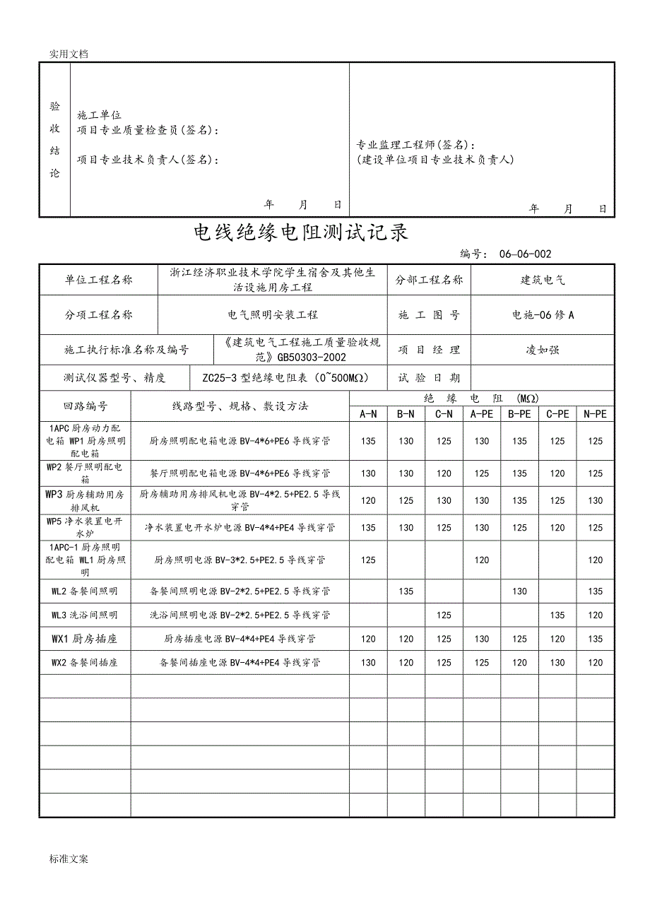 万达公馆12号楼3楼装修工程电线绝缘电阻测试记录簿_第2页